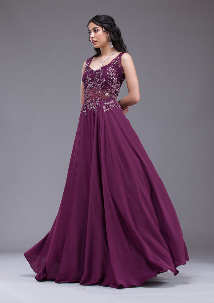 Wine Sequins Satin Gown
