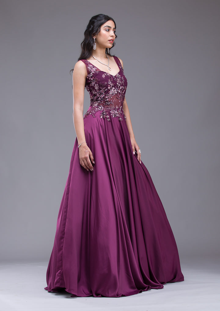 Wine Sequins Satin Gown