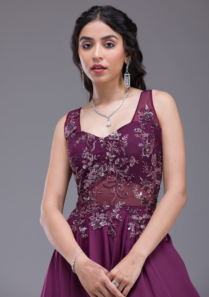 Wine Sequins Satin Gown