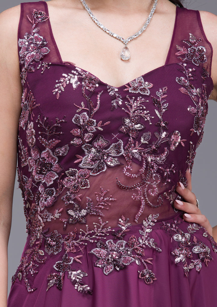 Wine Sequins Satin Gown