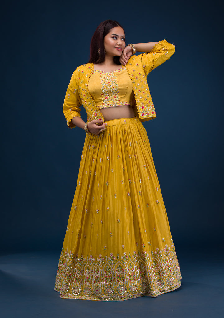 Mustard Threadwork Crepe Readymade Lehenga