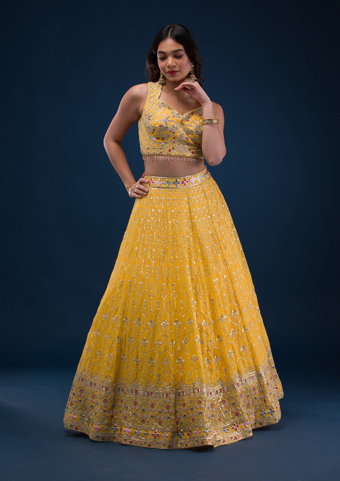 Yellow Zariwork Georgette Readymade Lehenga