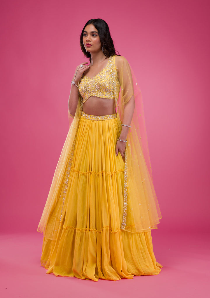 Yellow Zardosi Georgette Readymade Lehenga-Koskii