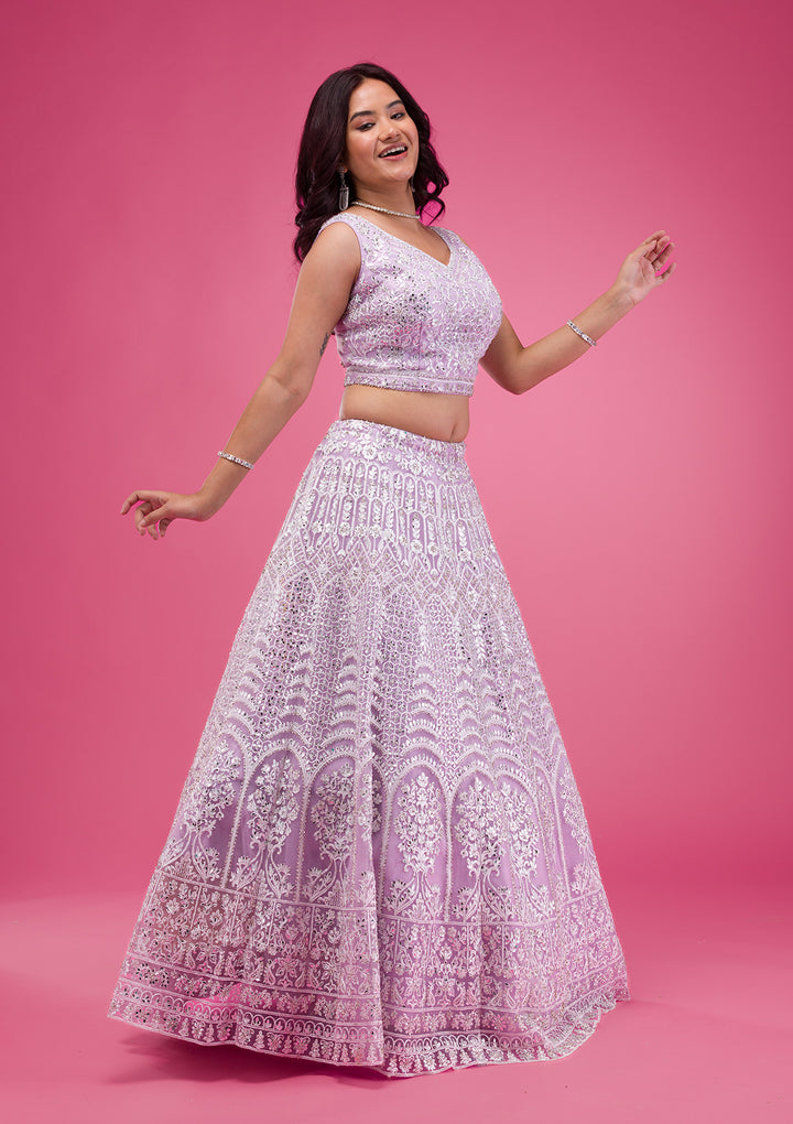Lavender Mirrorwork Net Readymade Lehenga-Koskii