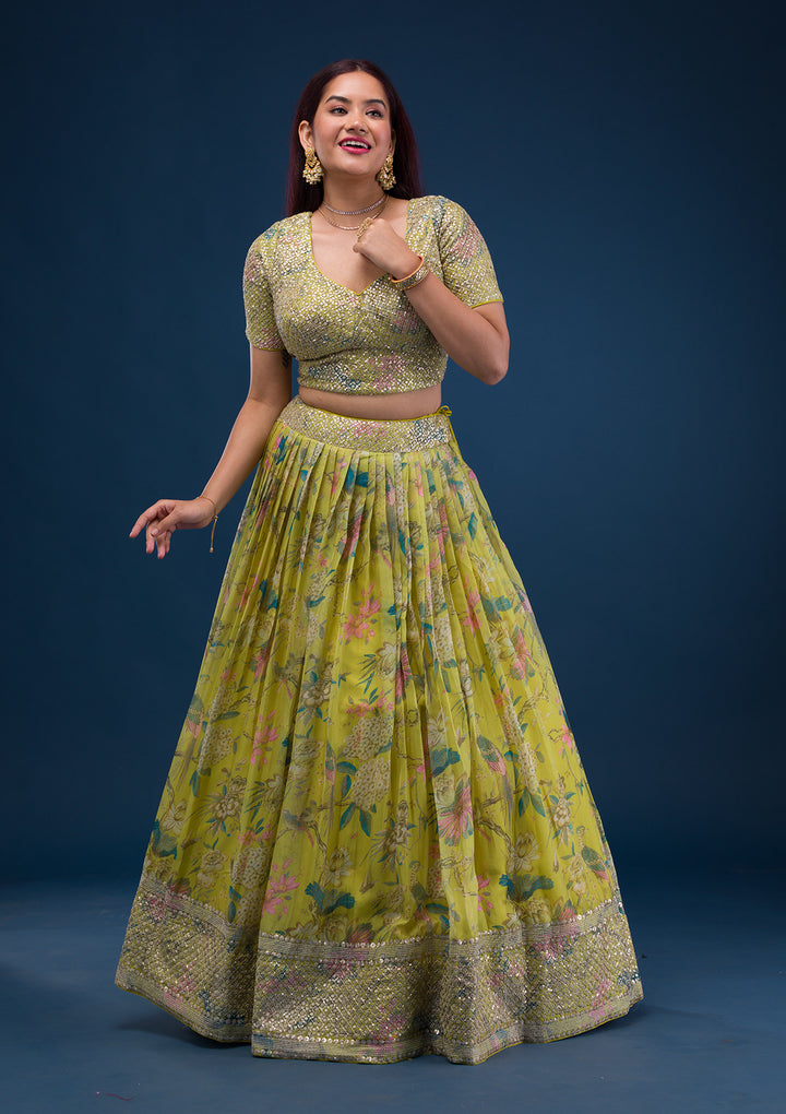 Parrot Green Print Semi Crepe Readymade Lehenga