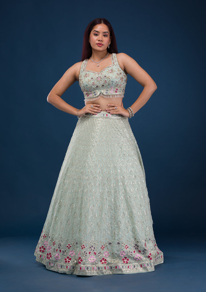 Sea Green Zariwork Georgette Readymade Lehenga