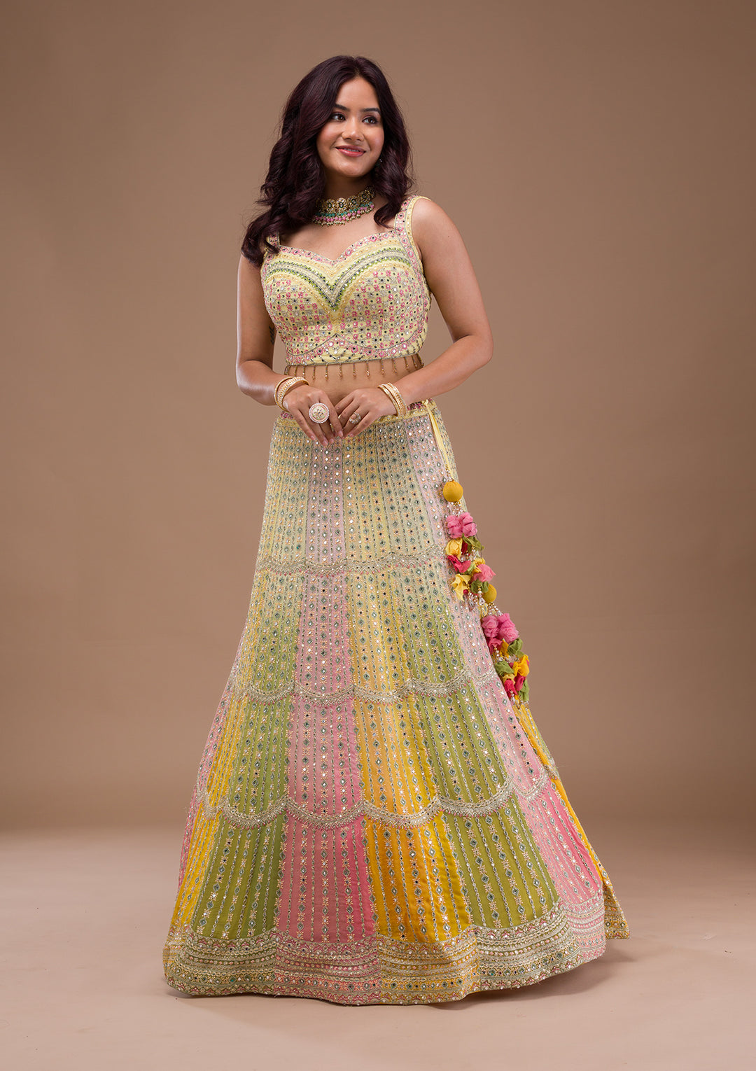Yellow Mirrorwork Georgette Readymade Lehenga