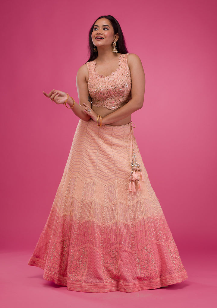 Peach Threadwork Georgette Readymade Lehenga-Koskii