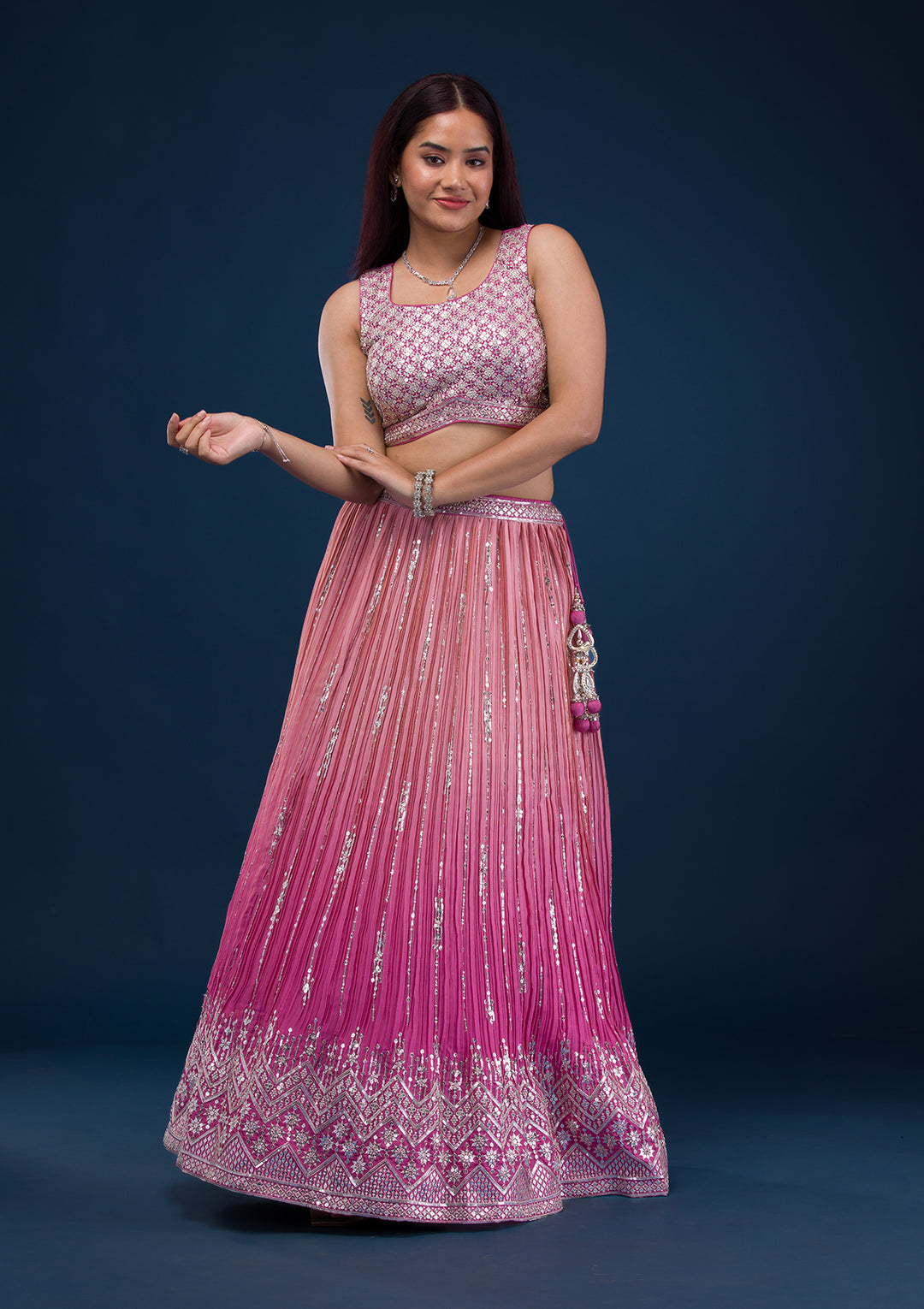 Onion Pink Zariwork Semi Crepe Readymade Lehenga