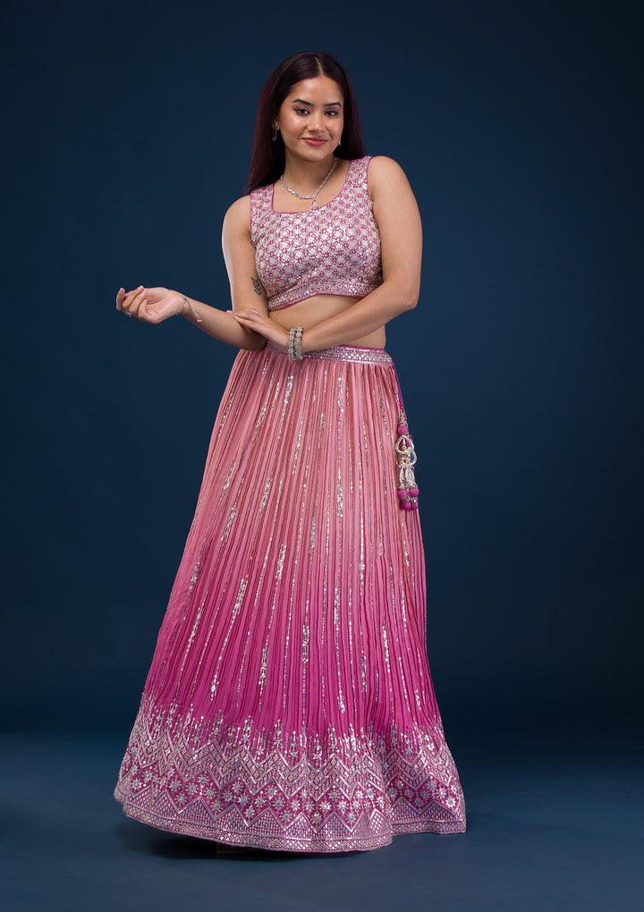 Onion Pink Zariwork Semi Crepe Readymade Lehenga