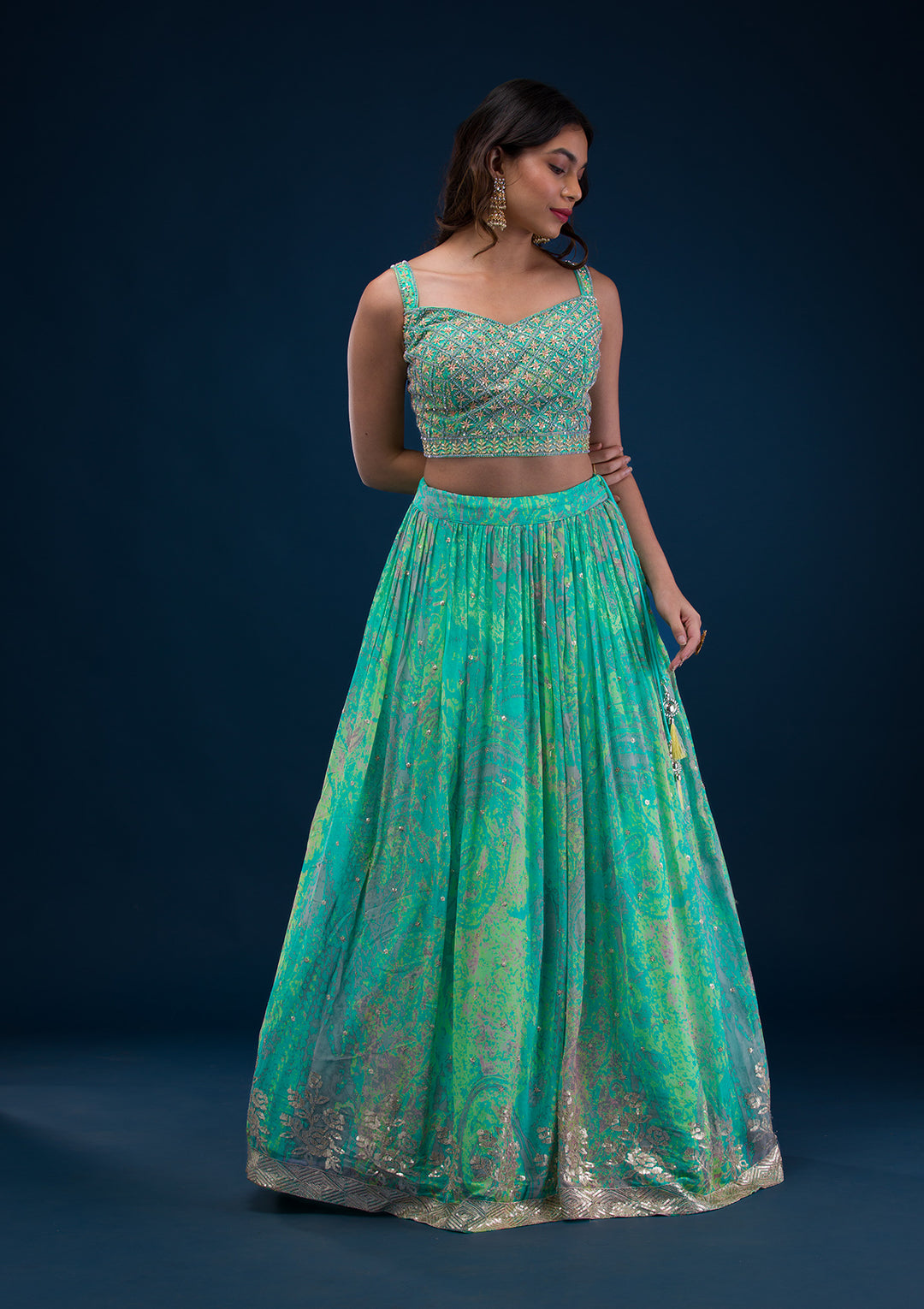 Sea Green Print Georgette Readymade Lehenga