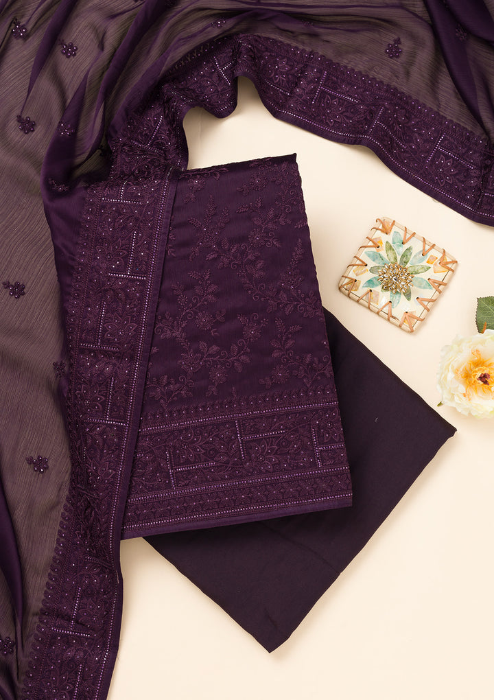 Purple Swarovski Semi Crepe Unstitched Salwar Suit