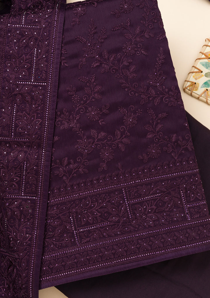 Purple Swarovski Semi Crepe Unstitched Salwar Suit