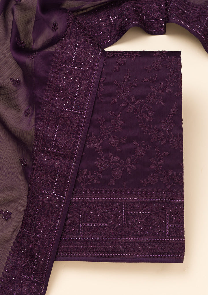 Purple Swarovski Semi Crepe Unstitched Salwar Suit