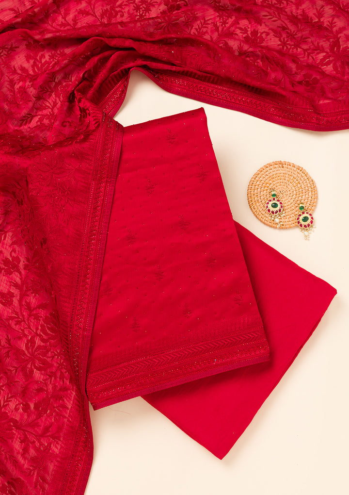 Red Swarovski Semi Crepe Unstitched Salwar Suit
