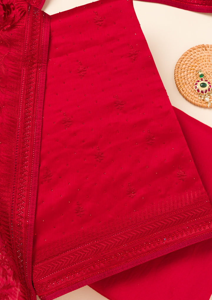 Red Swarovski Semi Crepe Unstitched Salwar Suit