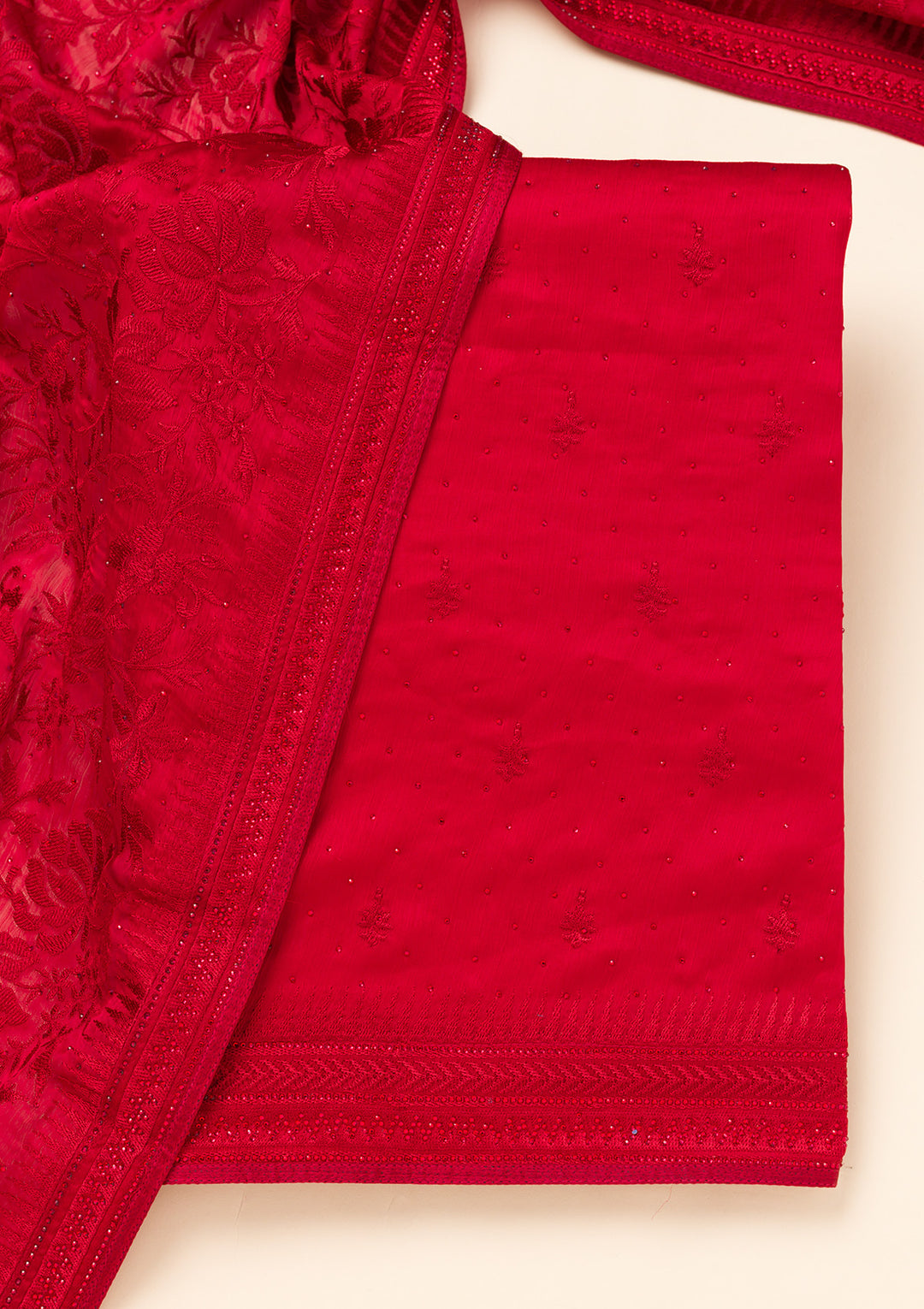 Red Swarovski Semi Crepe Unstitched Salwar Suit