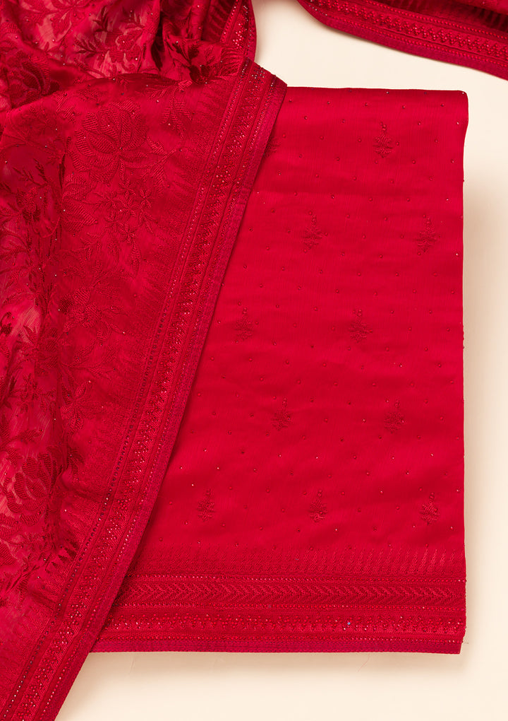 Red Swarovski Semi Crepe Unstitched Salwar Suit