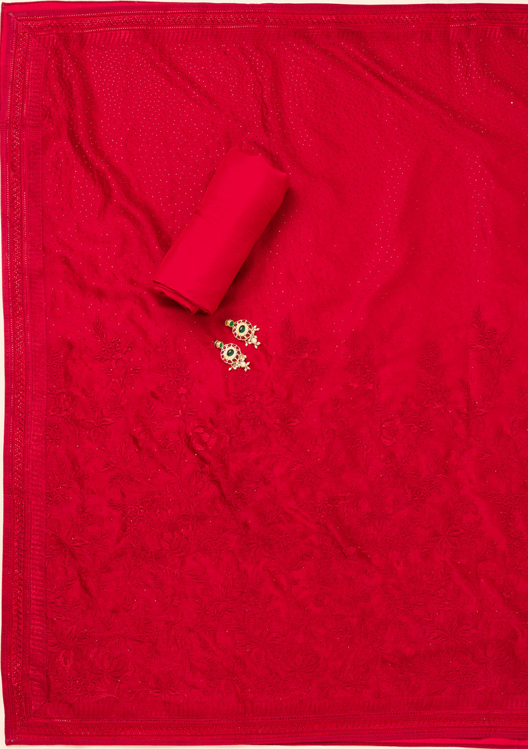 Red Swarovski Semi Crepe Unstitched Salwar Suit