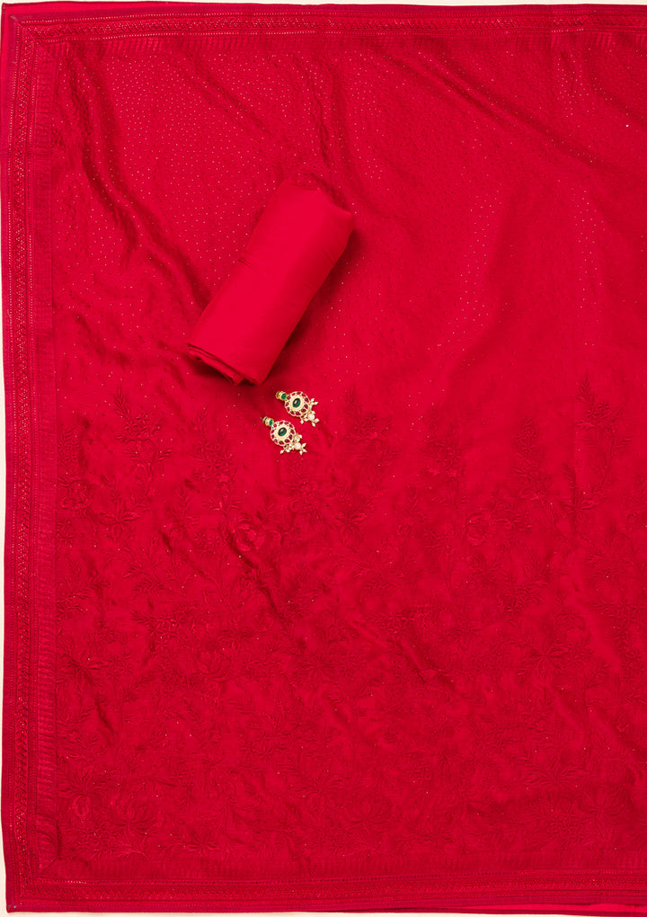 Red Swarovski Semi Crepe Unstitched Salwar Suit