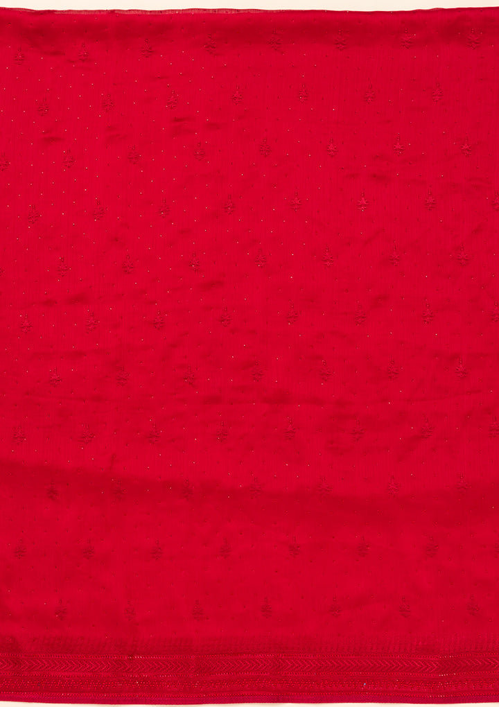 Red Swarovski Semi Crepe Unstitched Salwar Suit