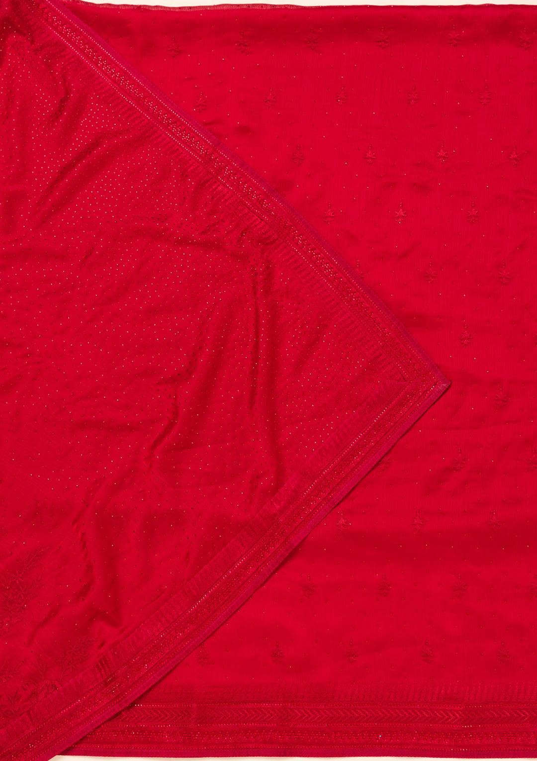 Red Swarovski Semi Crepe Unstitched Salwar Suit