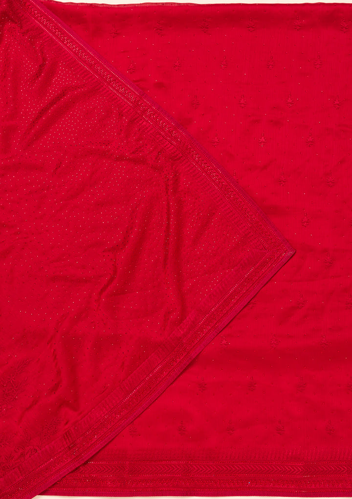 Red Swarovski Semi Crepe Unstitched Salwar Suit
