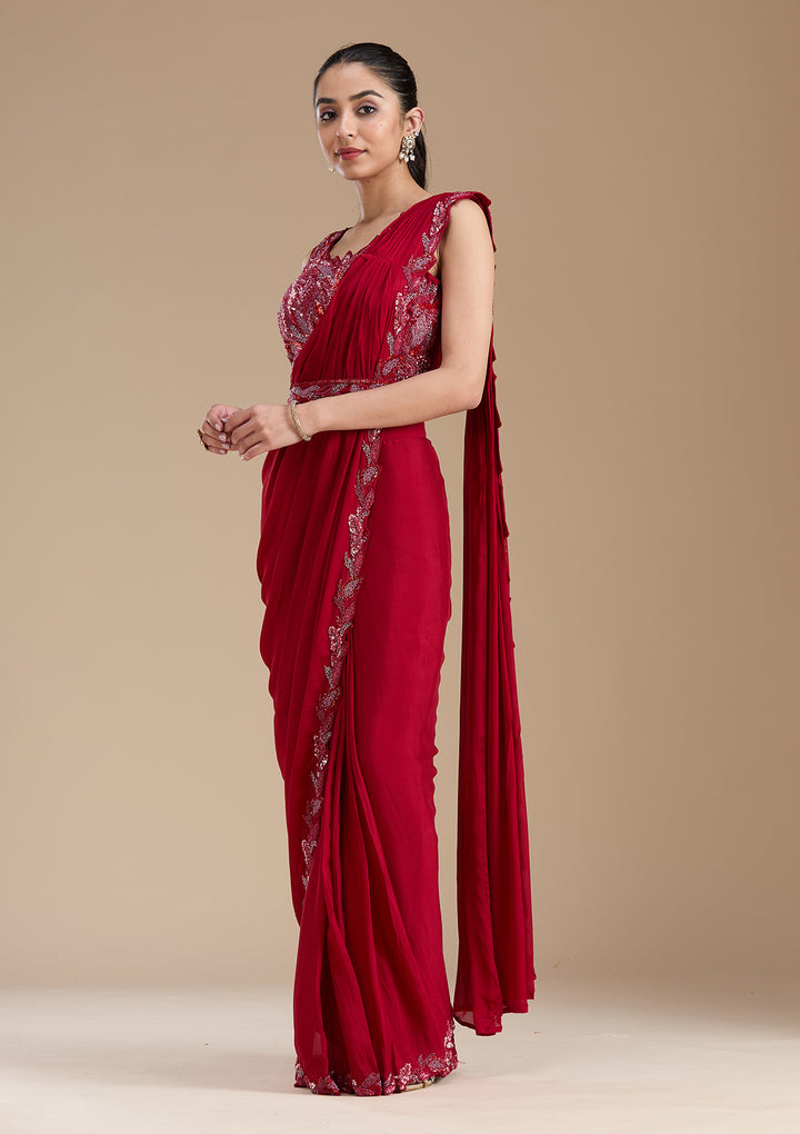 Maroon Sequins Satin Saree