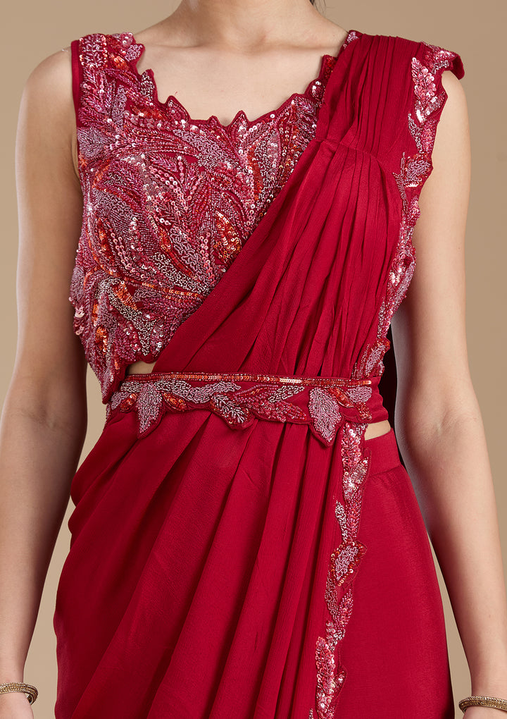 Maroon Sequins Satin Saree