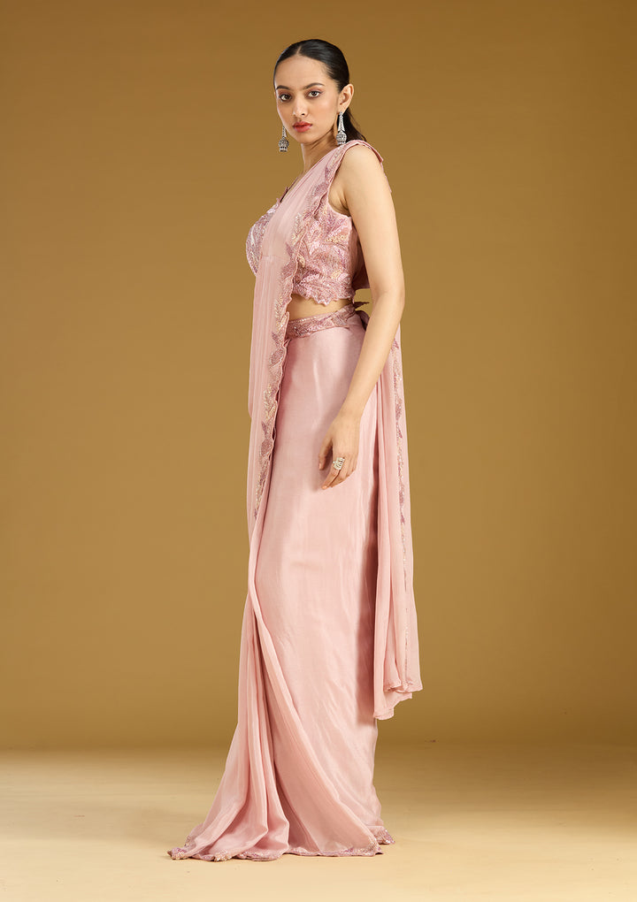 Onion Pink Sequins Satin Saree