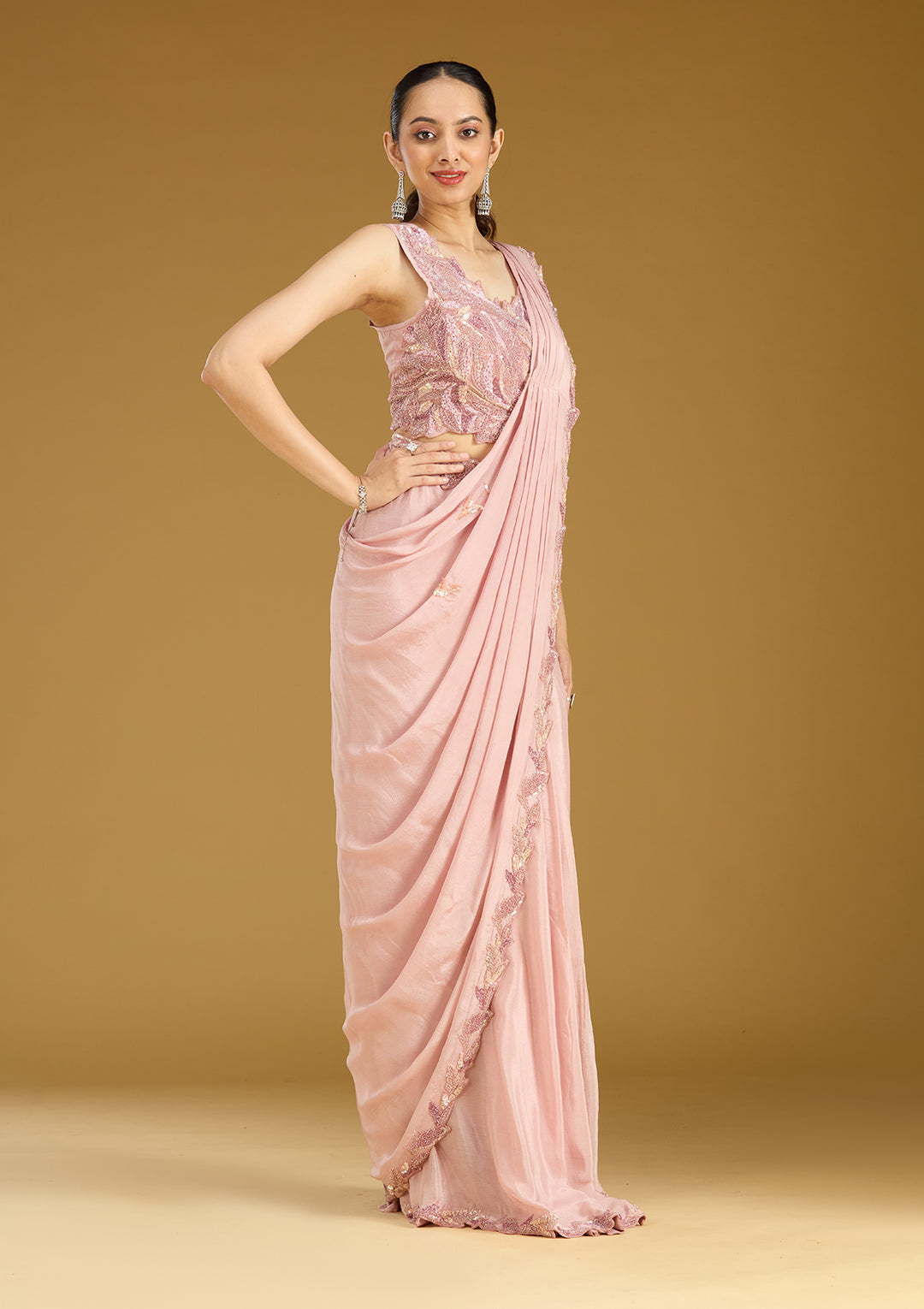 Onion Pink Sequins Satin Saree