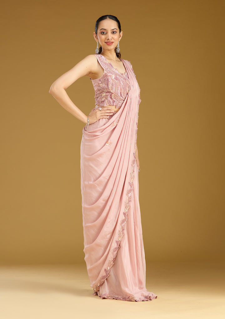 Onion Pink Sequins Satin Saree