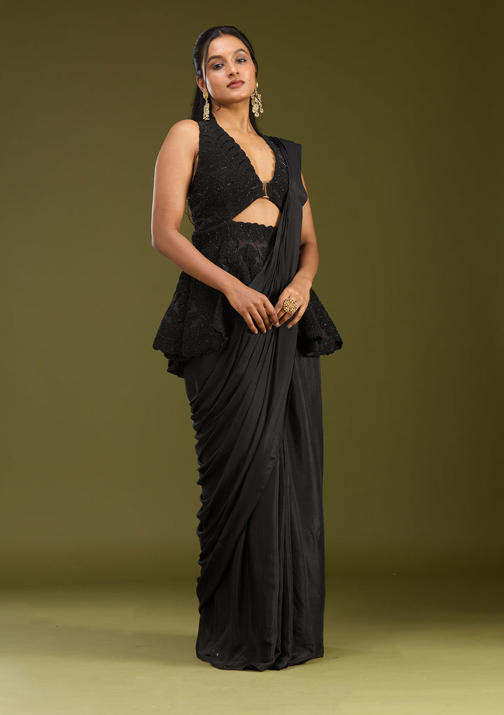 Black Threadwork Satin Saree