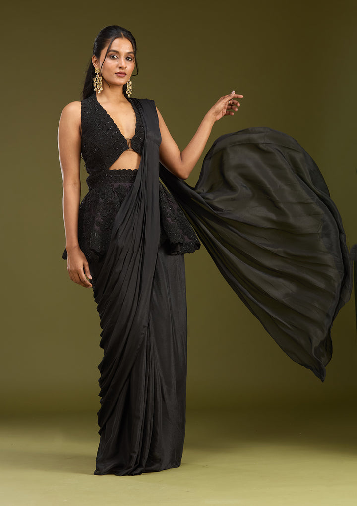 Black Threadwork Satin Saree