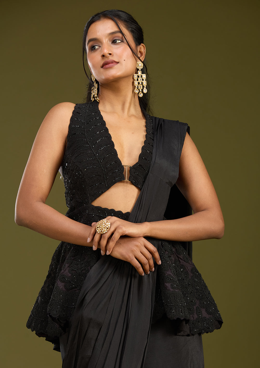 Black Threadwork Satin Saree