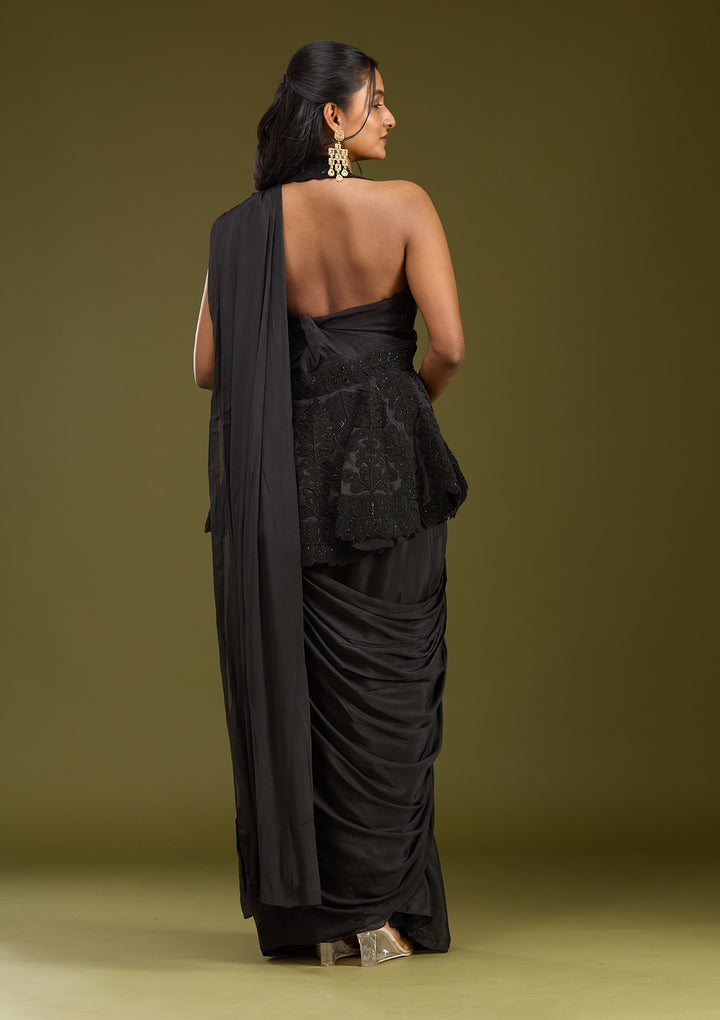 Black Threadwork Satin Saree