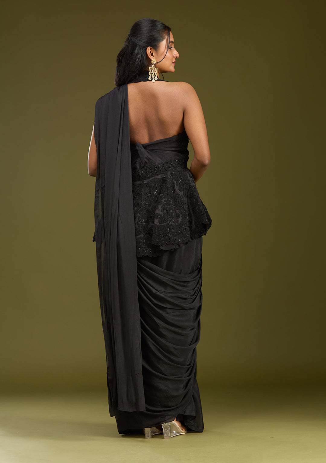Black Threadwork Satin Saree