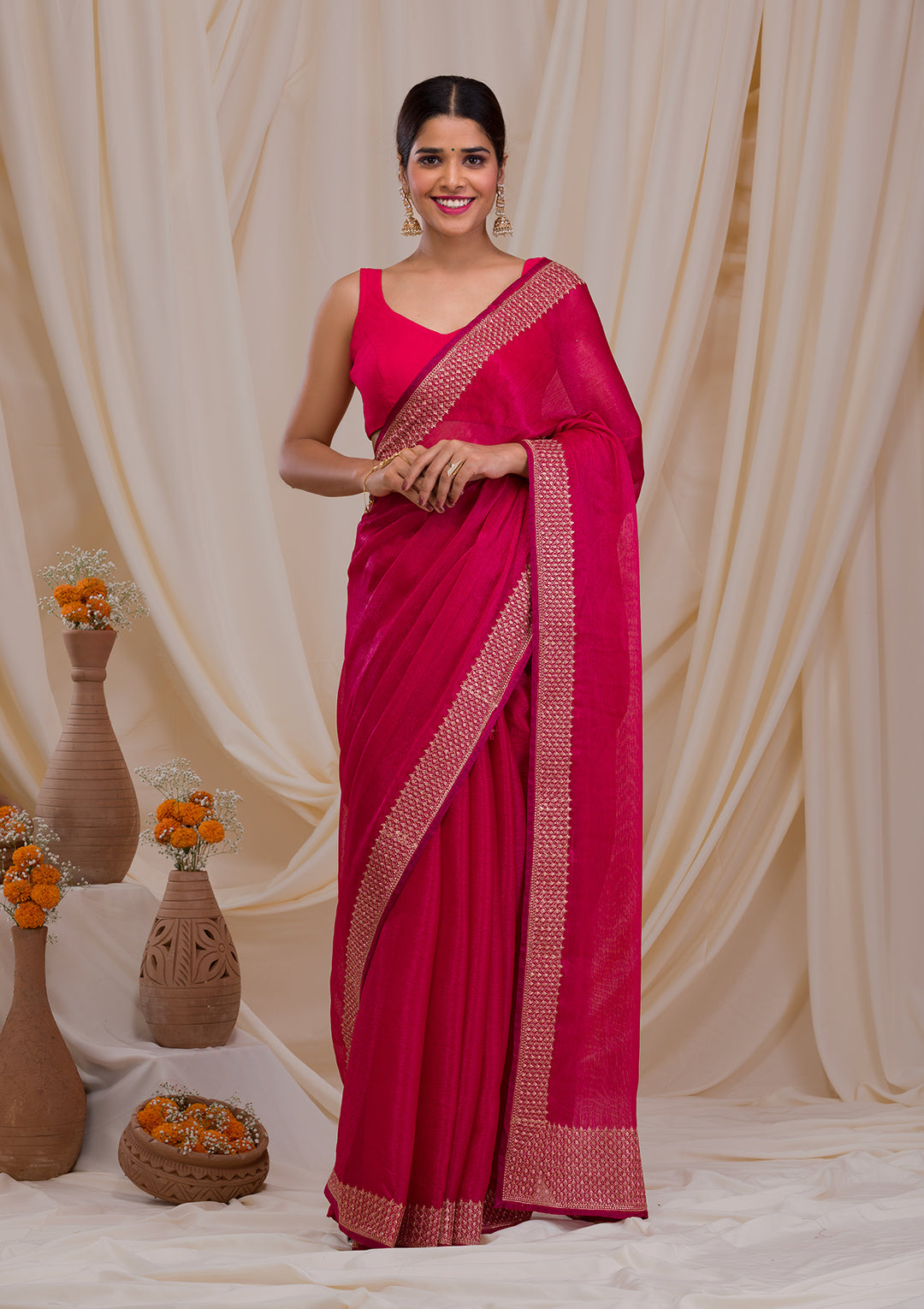 Rani Pink Zardosi Semi Crepe Saree