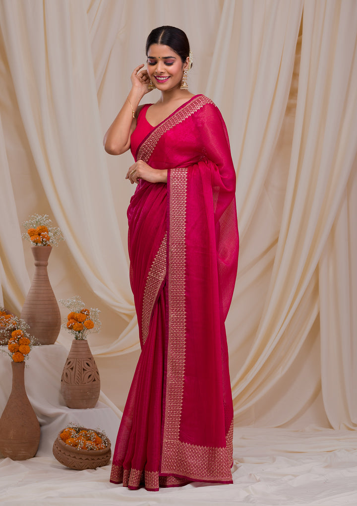 Rani Pink Zardosi Semi Crepe Saree