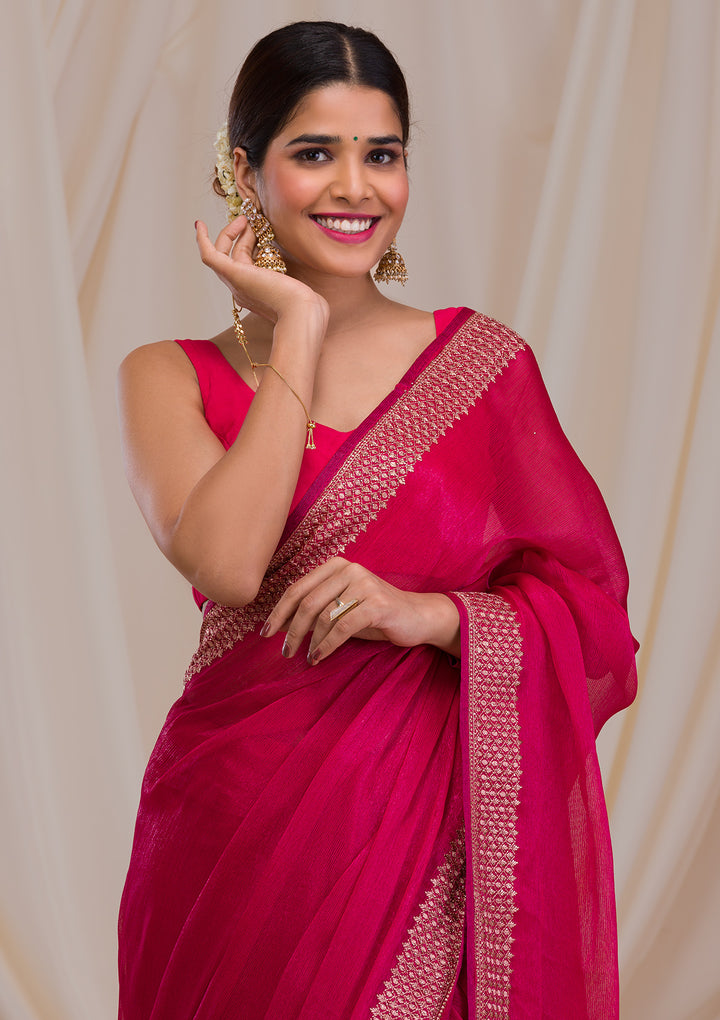 Rani Pink Zardosi Semi Crepe Saree