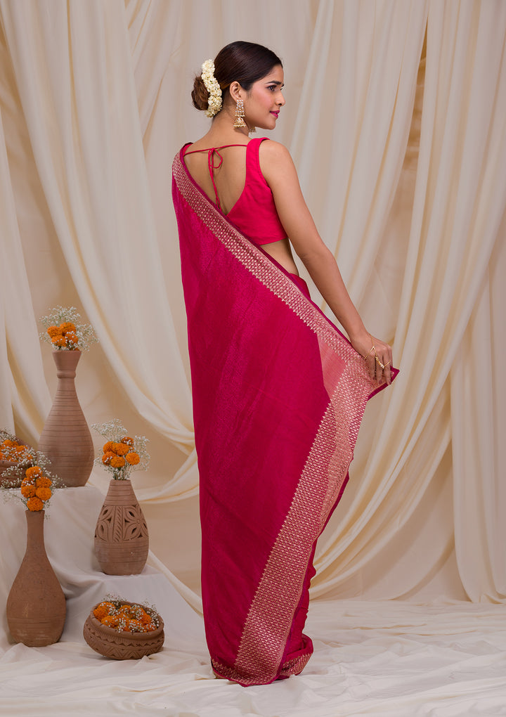 Rani Pink Zardosi Semi Crepe Saree