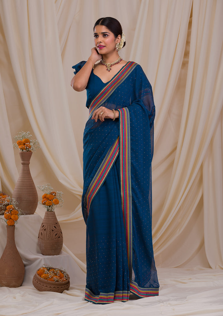 Navy Blue Threadwork Georgette Saree