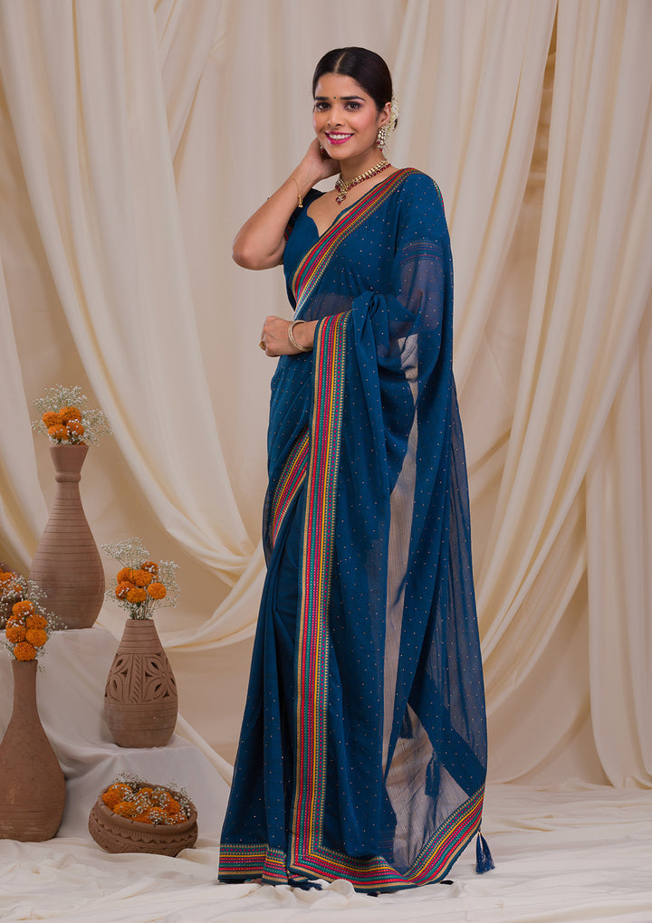 Navy Blue Threadwork Georgette Saree