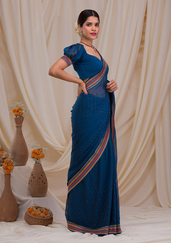 Navy Blue Threadwork Georgette Saree