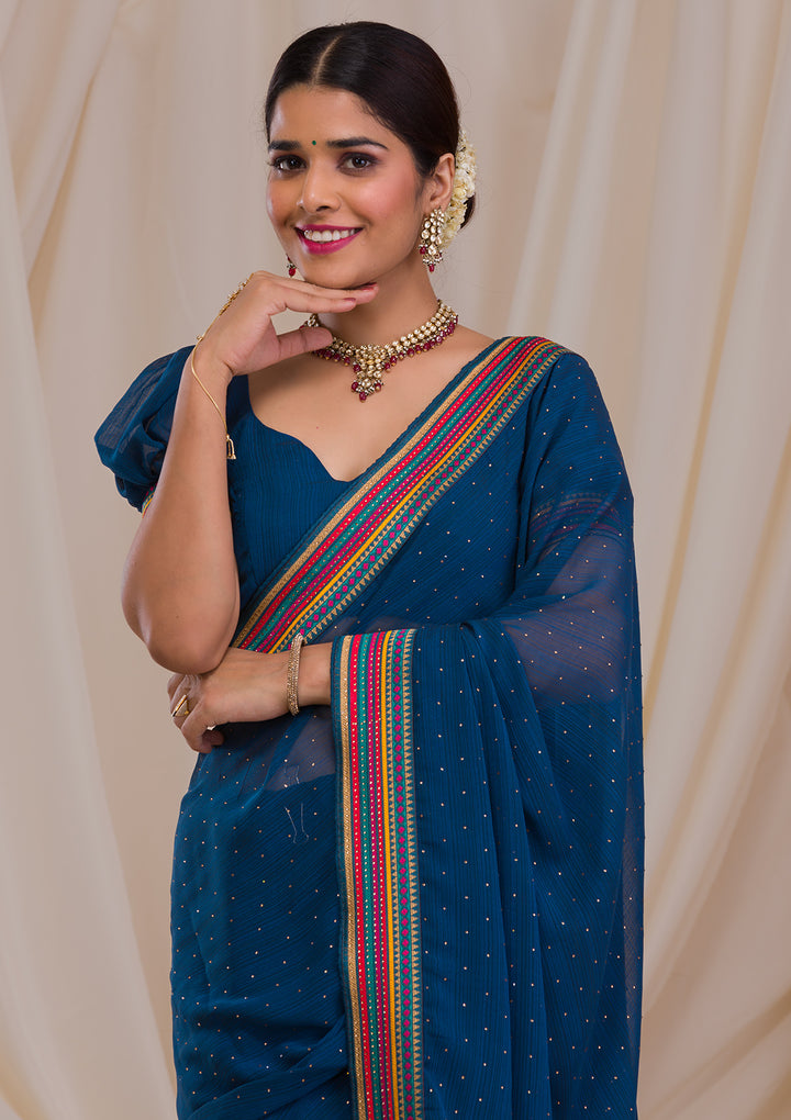 Navy Blue Threadwork Georgette Saree