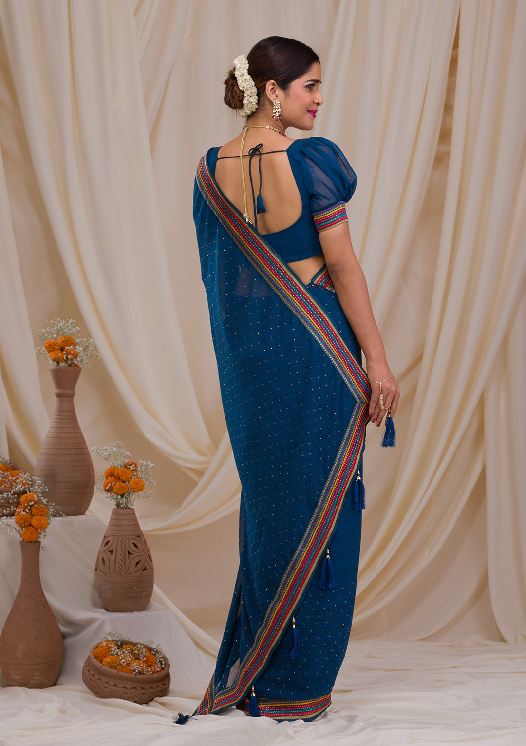 Navy Blue Threadwork Georgette Saree