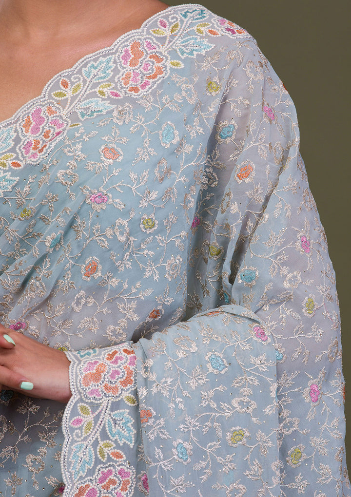 Sky Blue Zariwork Georgette Saree