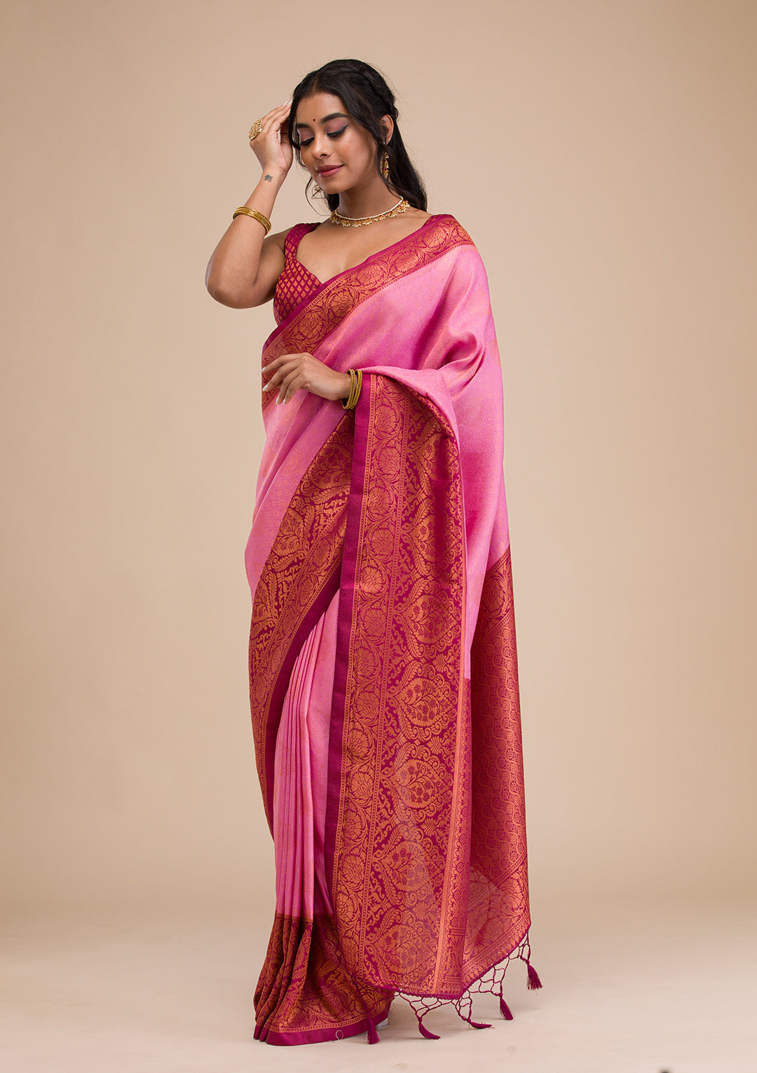 Pink Zariwork Soft Silk Saree
