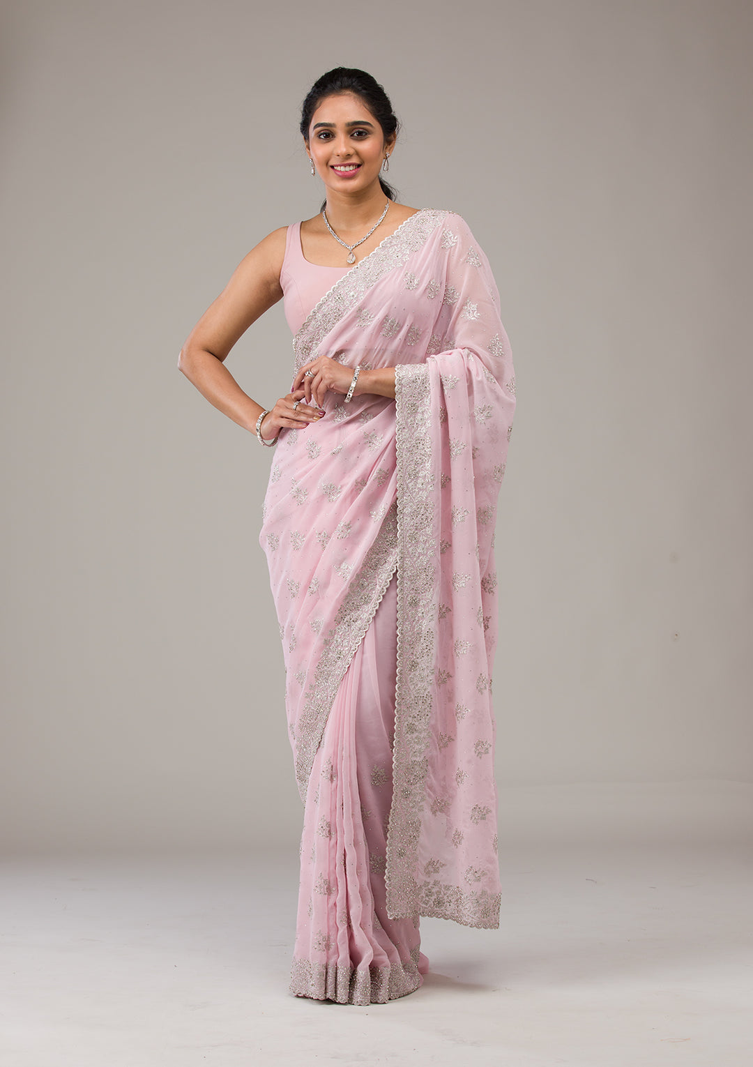 Baby Pink Silver Stonework Georgette Saree