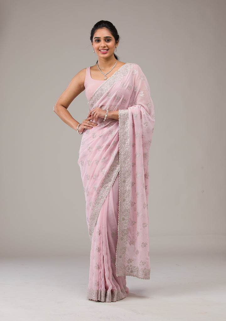 Baby Pink Silver Stonework Georgette Saree